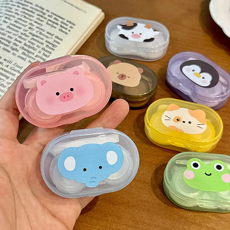 New Cartoon Cute Animal Pattern Contact Lens Case Portable Contact Lens Holder Box Lens Case with Tweezers and Suction Stick