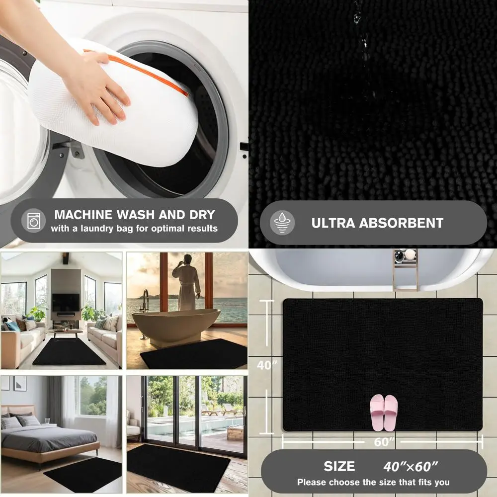 Large 40x60 Chenille Bath Mat - Thick, Absorbent & Washable Non-Slip Rug for Bathroom, Shower, Tub (Black)