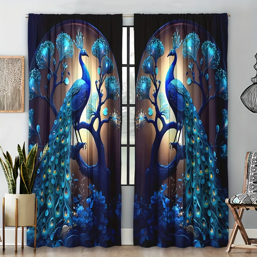 

2pcs Blue Peacock Decorative Curtain Rod Pocket Curtain Versatile For All Seasons For Bedroom Kitchen Office Study Living Room