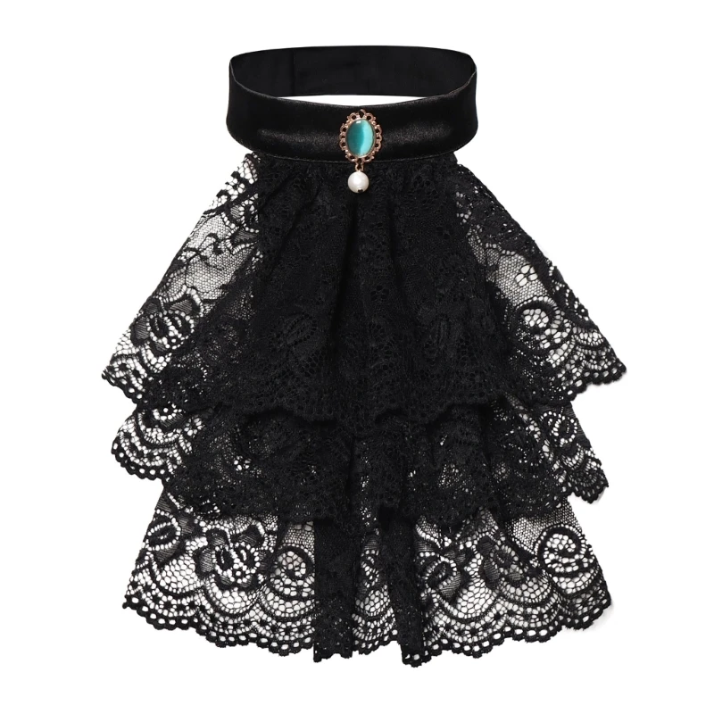 

Victorian Colonial Jabot False Collar Medieval Costume Detachable Ruffle Lace Neck Collar with Crystal Victorian Necktie