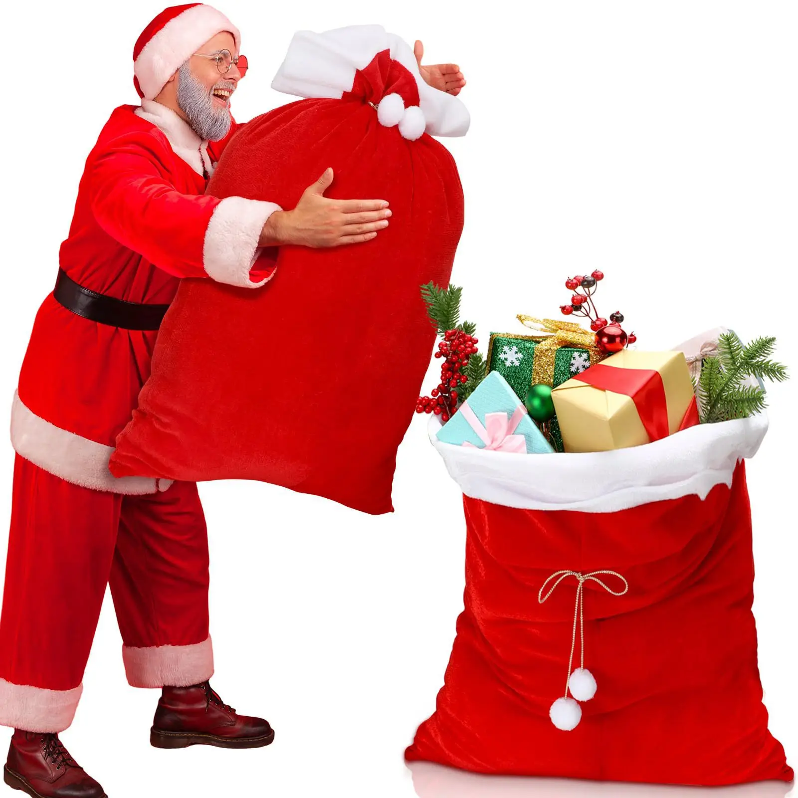 Large Size Santa Claus Christmas Sack Bag Drawstring Red Velvet Xmas Sacks for Presents Kids Stocking Stuffer Bags for Gifts