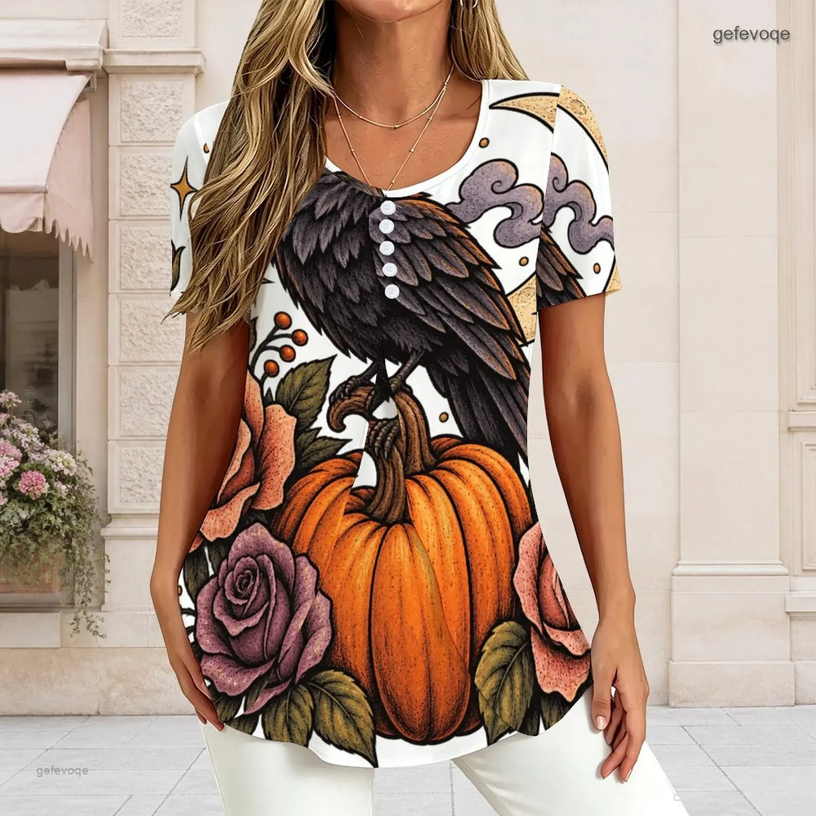 Women V Neck Short Sleeve T Shirt Half Button Placket Fake Two Piece Layered Curved Hem Loose Tunic Top Custom Print Ladies Casu