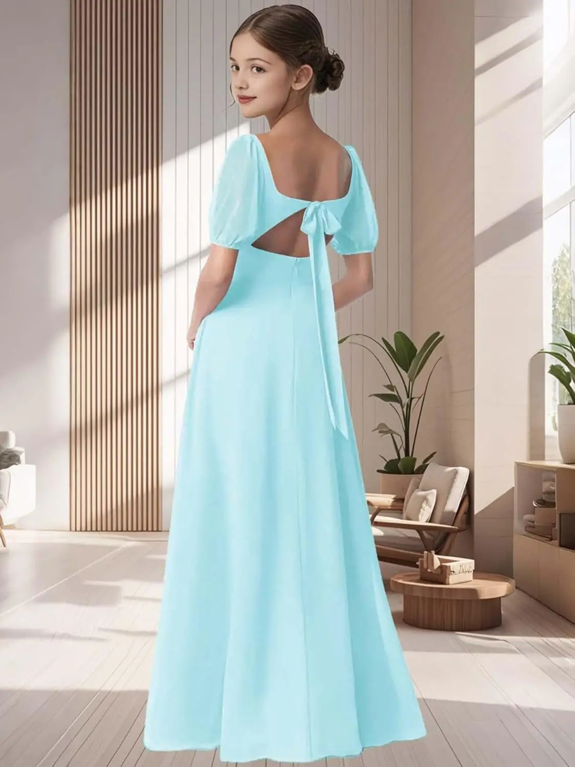 فستان شيفون لوصيفة العروس للفتيات الصغيرات على شكل حرف A وأكمام قصيرة مناسبة خاصة لحفلات الزفاف للفتيات