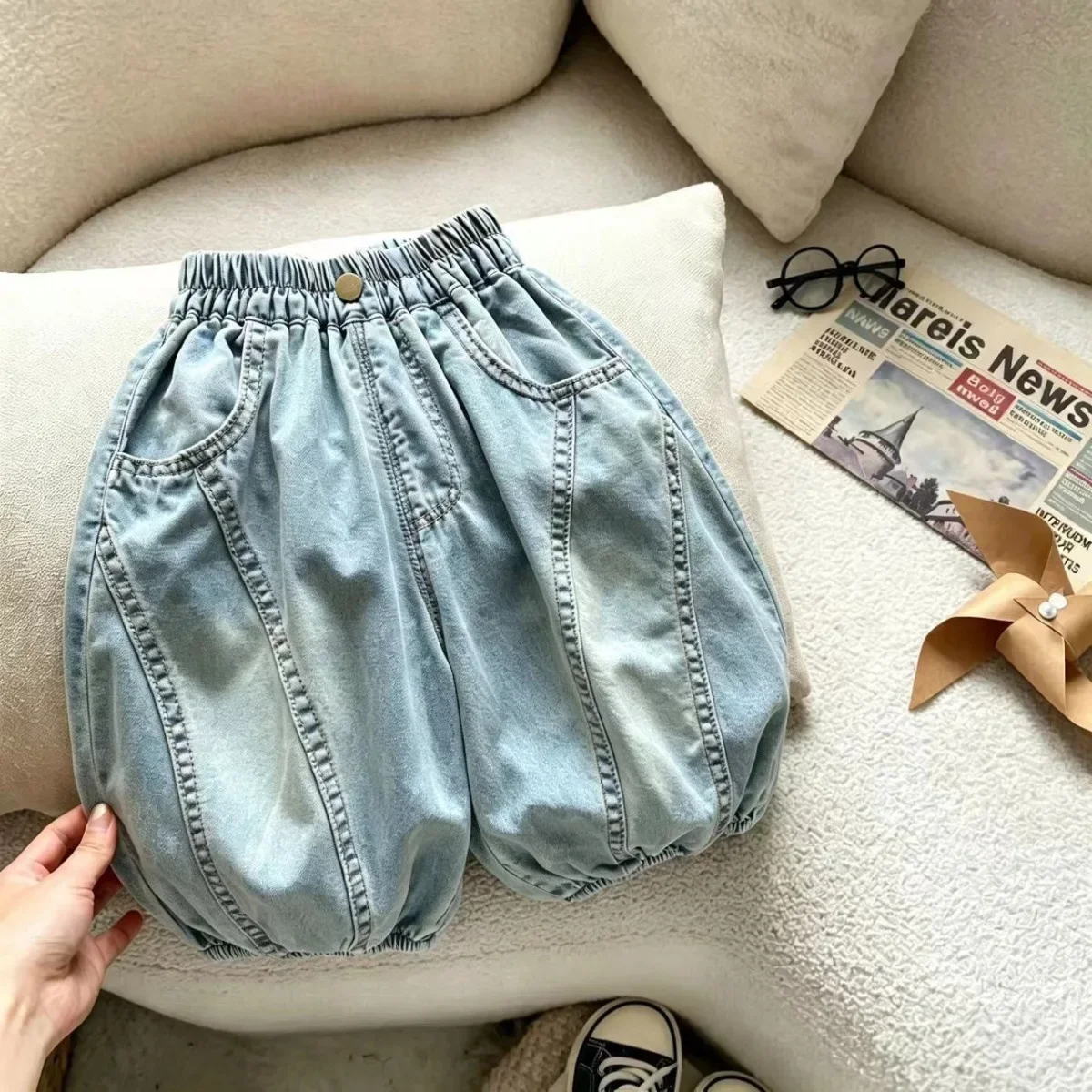 RAISE Summer Kids Boys Jeans Thin Children Boys Lantern Shorts 2-8Yrs Boys Solid Cropped Pants Loose Elastic Waist Baby Boy Pant