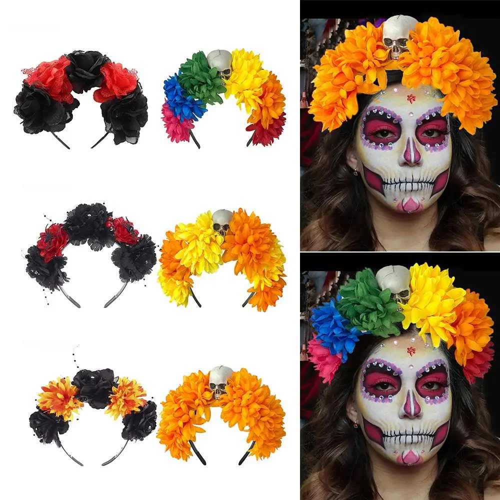 Fashion Spider Skull Halloween Headpiece Party Costume Hair Accessories Mexican Rose Flower Crown Flower Headbands for Women