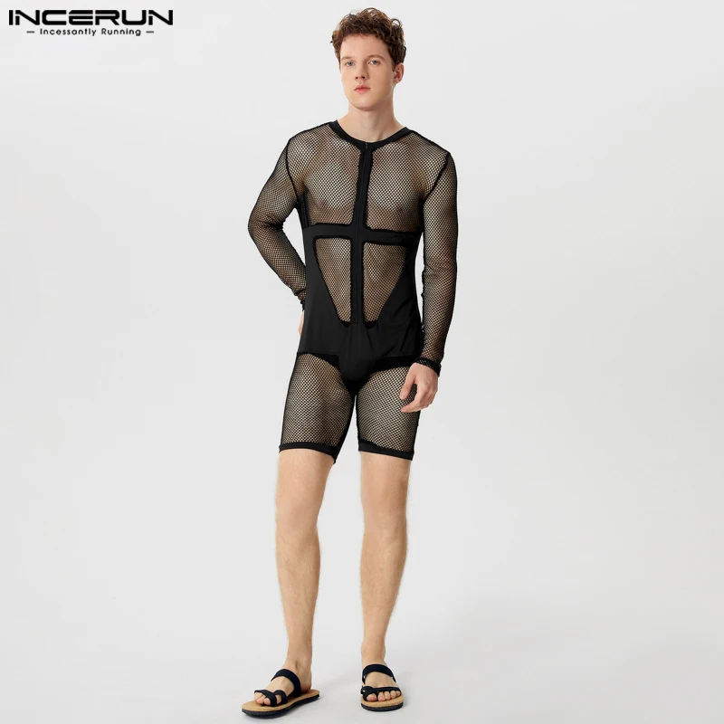 INCERUN Men Bodysuits Mesh Patchwork Transparent Sexy O-neck Long Sleeve Male Rompers 2024 Skinny Fashion Bodysuit Men S-3XL