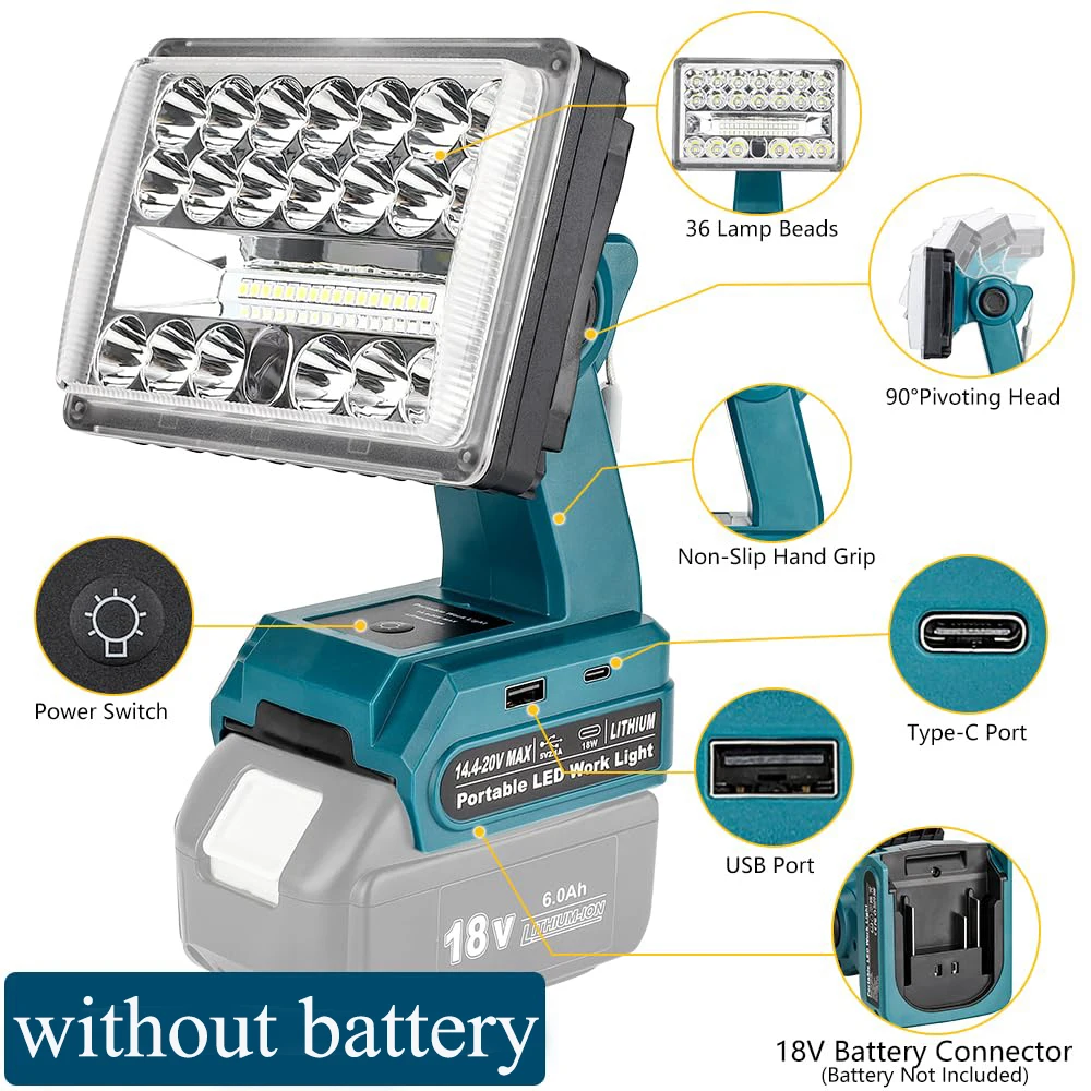 28W 2000 Lumens Handheld Floodlight for Makita/Milwaukee/Dewalt/Bosch/Black&Decker/Craftsman/Ryobi 18V/20V Battery LED Worklight