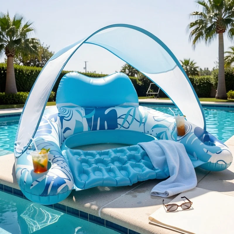 

Enjoy Summer Fun at Beach & Pool, Inflatable Floating Bed with Canopy for Relaxation