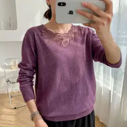 Mother's Autumn Womens Clothing Solid Patchwork Hollowed Out Gauze Mesh Round Neck Long Sleeve Diamonds Fashion Knitted Sweaters