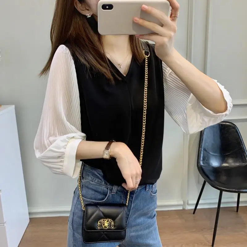 Fashion Autumn Color Blocking Loose Blouse High-quality Patchwork 3/4 Sleeve All-match Temperament Chiffon Pullover Shirt 2022