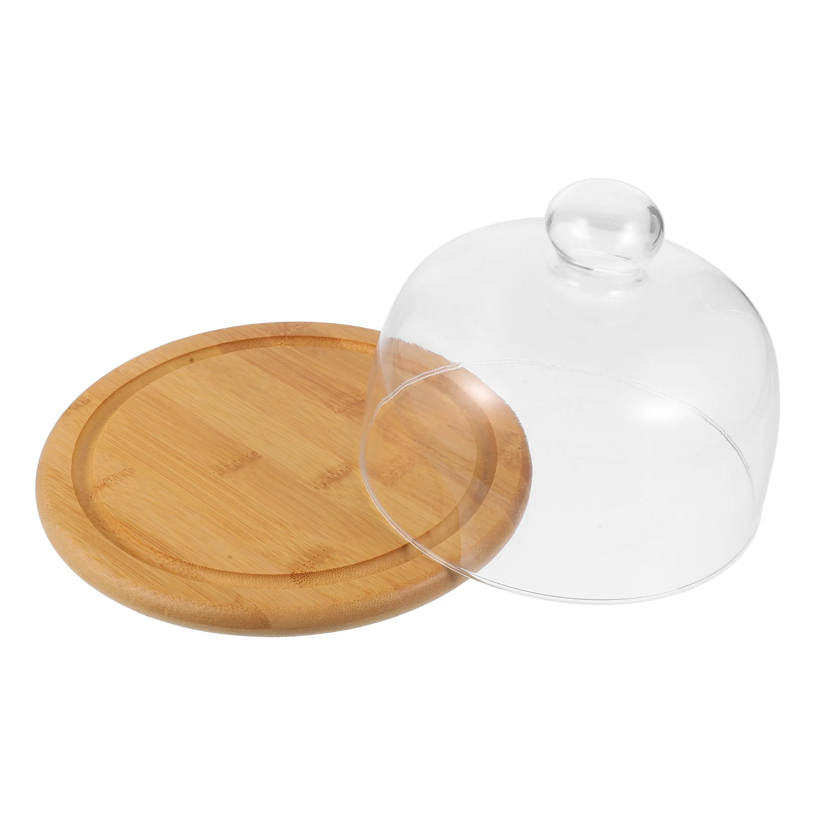 

Cake Display Tray Cloche Food Plate Lid Kitchen Stand Pastry Dome Cover Dessert Bamboo with Glass Server