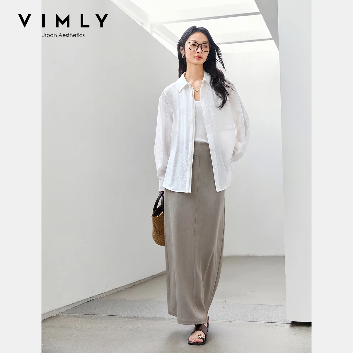 VIMLY White Shirt Women 2025 Spring Autumn Casual Long Drop Sleeve Loose Fit Button Up Shirts Blouse Ladies Elegant Top A0116