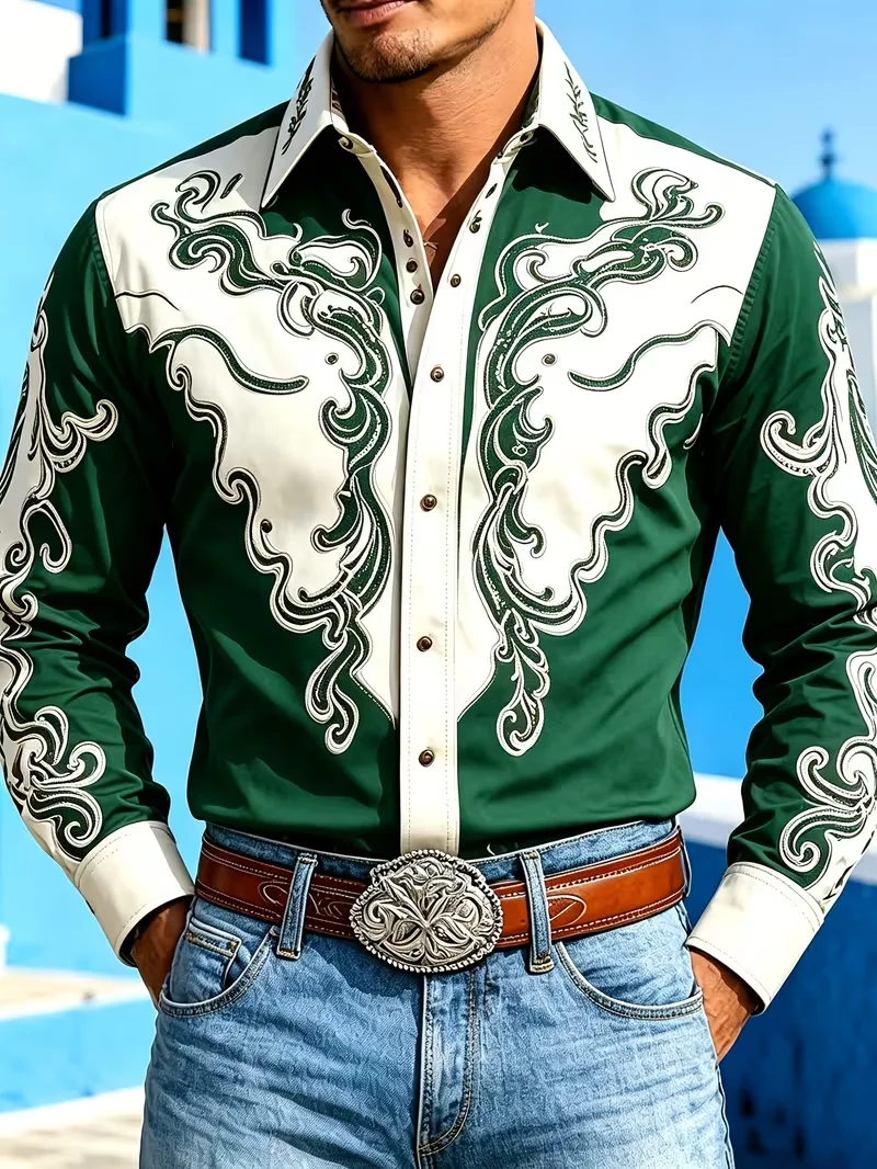 New dark green rice white rolled flower western denim long sleeved shirt, retro American men's workwear shirt