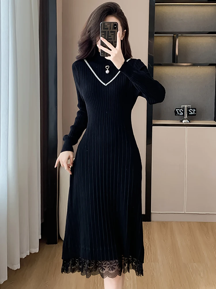 Women Solid Knitted Patchwork Lace Luxury Long Dress Autumn Winter Elegant Chic Sweater Dress 2024 Korean Bodycon Evening Dress