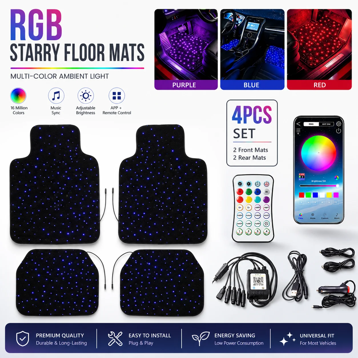 Car Fiber Optic Twinkle Star Floor Mats Waterproof LED Light Rugs RGB APP Remote Control Interior Ambient Lighting Decor