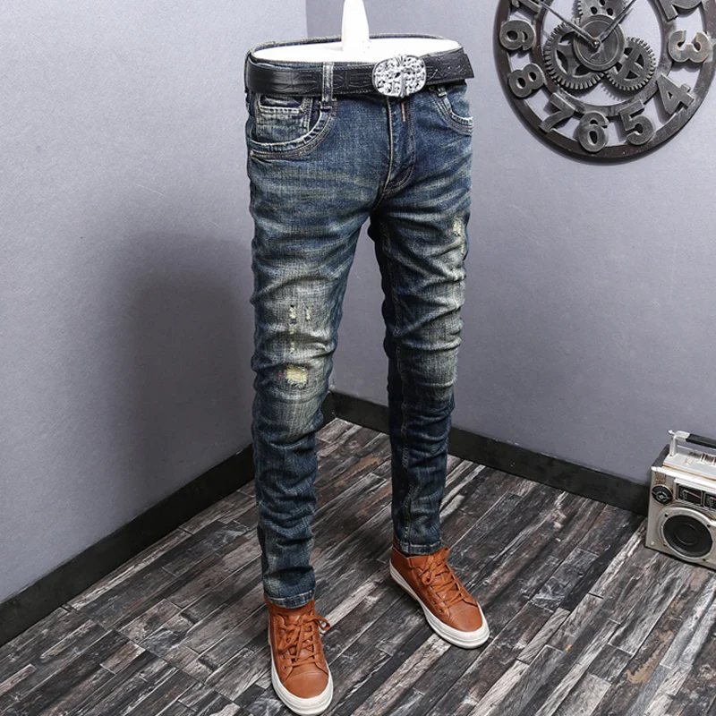 Fashion Trendy Men Jeans Retro Dark Blue Elastic Stretch Slim Fit Ripped Jeans Men Embroidery Patched Vintage Denim Pants Hombre