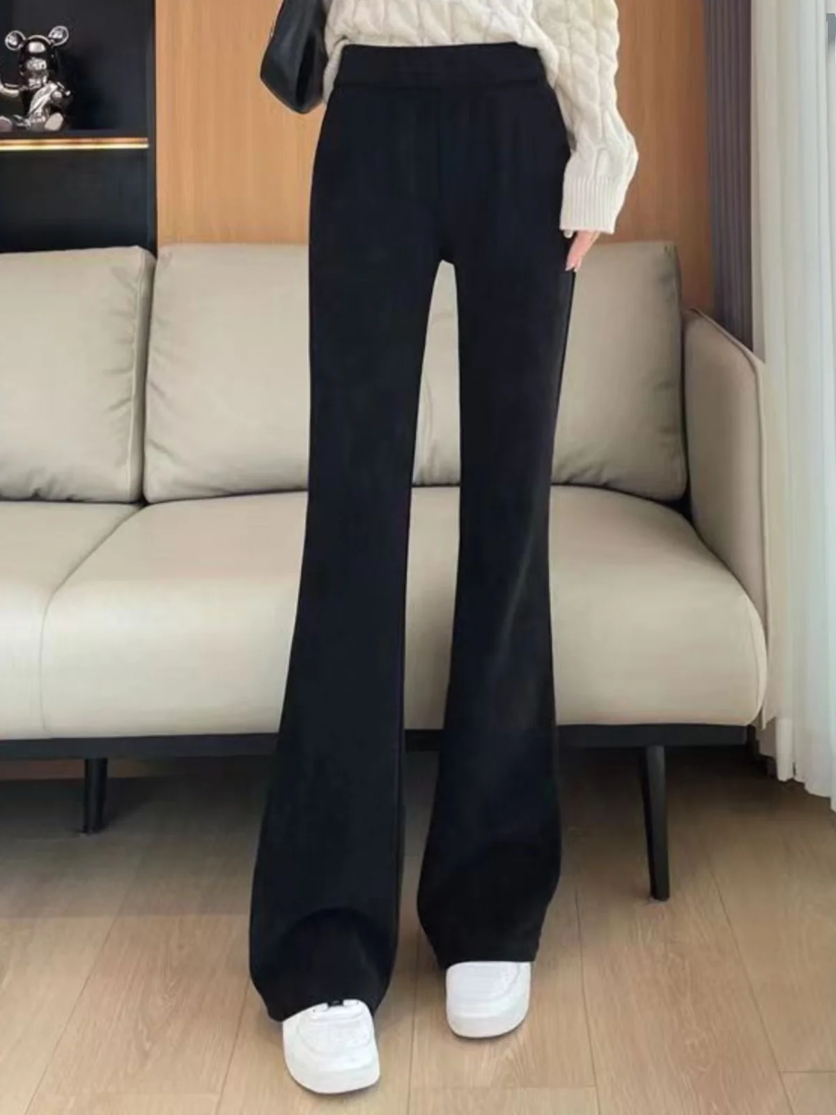 High Waist Fleece Lined Micro Flared Pants Women's Spring Autumn Elastic Casual Velvet Trousers Slimming Drapey Cuffed