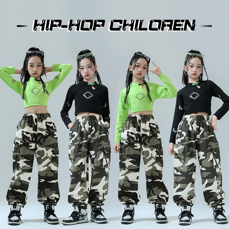 Girls Jazz Dance Clothes Long Sleeves Navel Tops Camouflage Trousers Kids Street Dance Kpop Hiphop Performance Costume BL16945