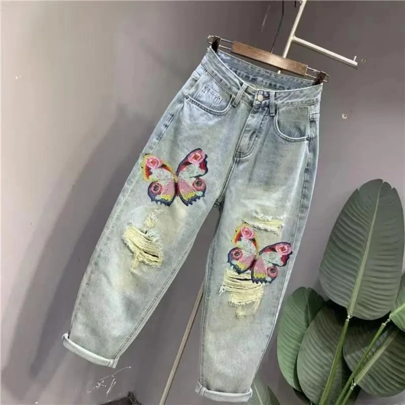 Women's Embroidered Butterfly Ripped Hole Jeans Casual Harem Denim Pants Fashion Large Size Loose Cowboy Ankle-Length Pants 5XL