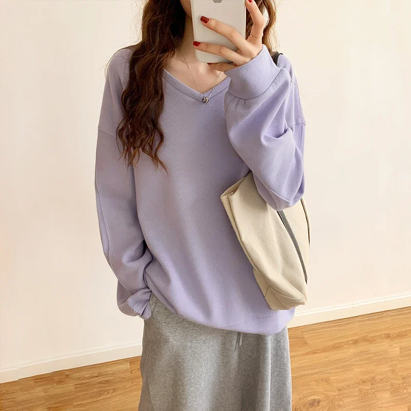 

New Solid Color Ladies Winter Pullovers Tops Female Ins Women's Patchwork V-neck Casual Loose Autumn Fashionable Sweatshirt 2024