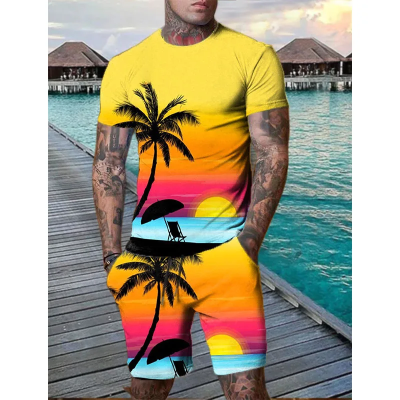 Nova praia havaiana ternos masculinos coqueiro impressão 3d camisetas shorts conjuntos esportivos de 2 peças agasalho roupa de grandes dimensões roupas masculinas