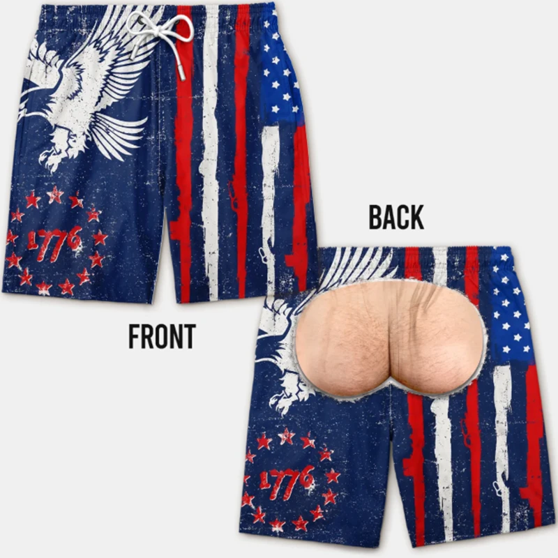 Trendy Funny 3D Printed American Flag Beach Board Shorts Elastic Waist Quick Dry Bottoms Ideal For Party Gift Holiday Surfing