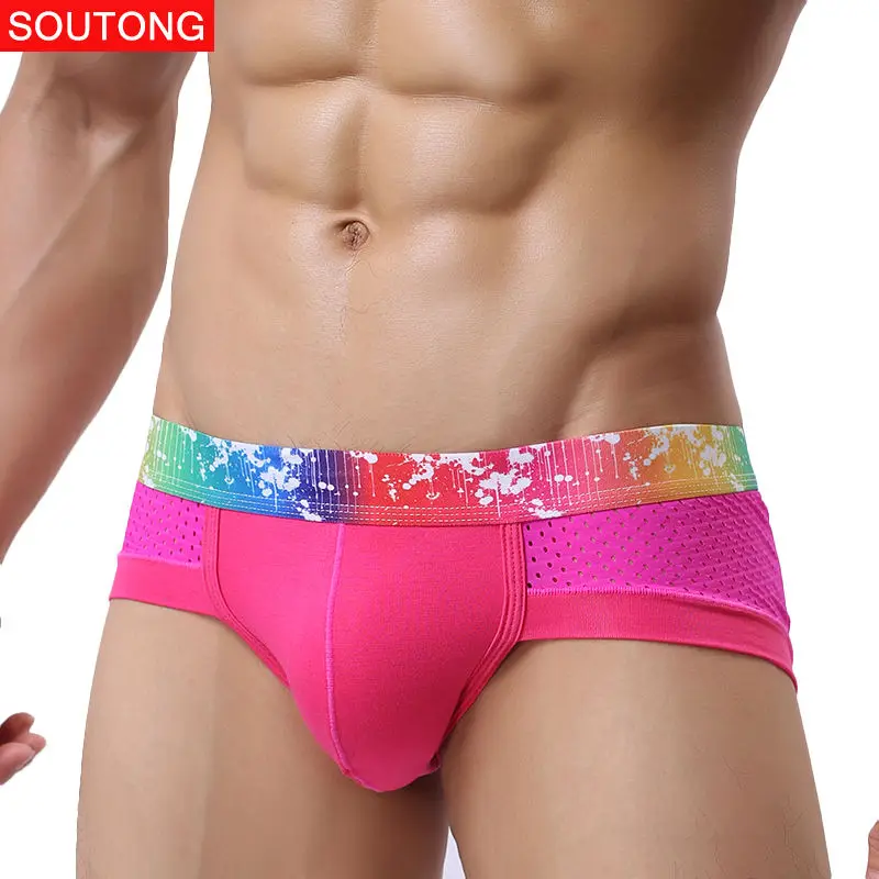 Hot Rainbow Men\'s Underwear Short Modal Mesh Sexy Briefs Breathable Male Gay Underpants Brand Solid Boxer Plus Size Beach Trunks