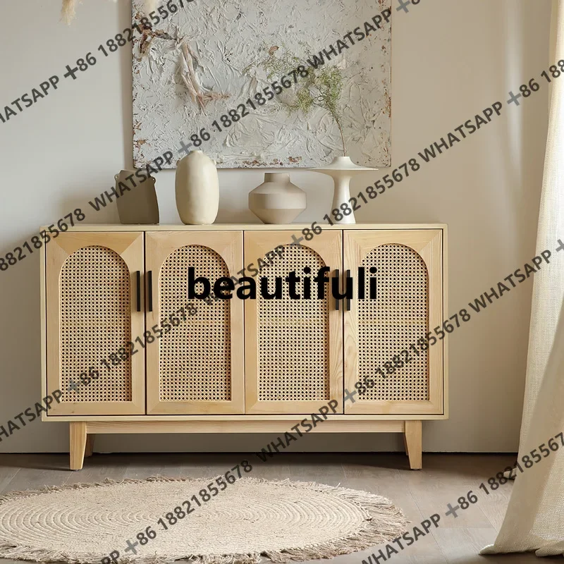 

Wabi Sandy Wind Solid Wood Rattan Household Living Room Log Wind Storage Cabinet Modern Simple Entrance Cabinet