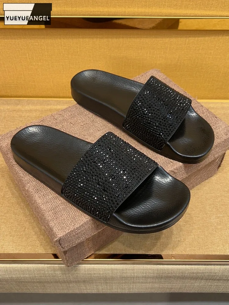 New Summer Men Vintage Outside Black Diamonds Crystal Shiny Open Toe Slides Leisure Trend Men Breathable Beach Flat Slippers
