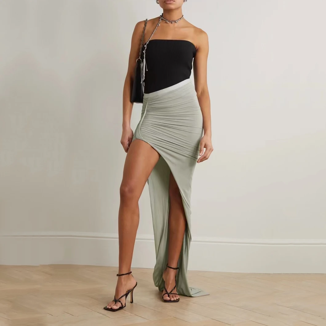 

Elastic High Waist Slit Slim Pleated Half Skirt Sexy Elegant y2k Asymmetric Extra Long Half Skirt Women's Package Hip Skirt