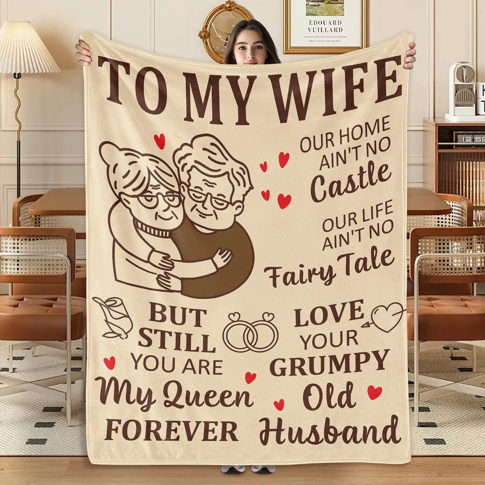 

Flannel blanket celebrating love with sweet words and couple sketches for expressing deep affection to your wife