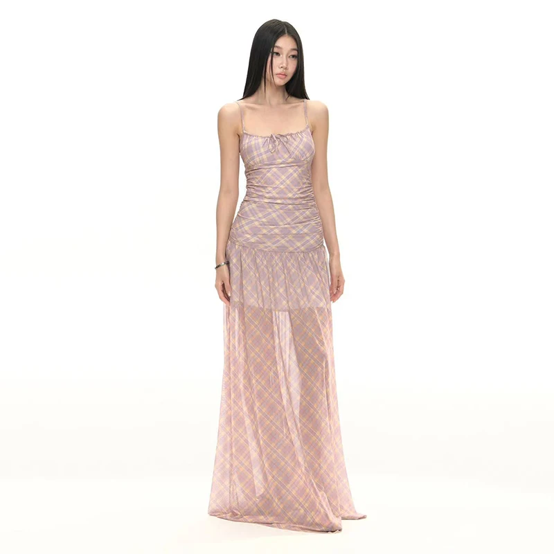 레트로 체크 무늬 캐미솔 미디 드레스 여성 여름 섹시 스파게티 스트랩 백리스 드레스 프랑스 우아한 슬림 파티 나이트 베스티도스 무헤르