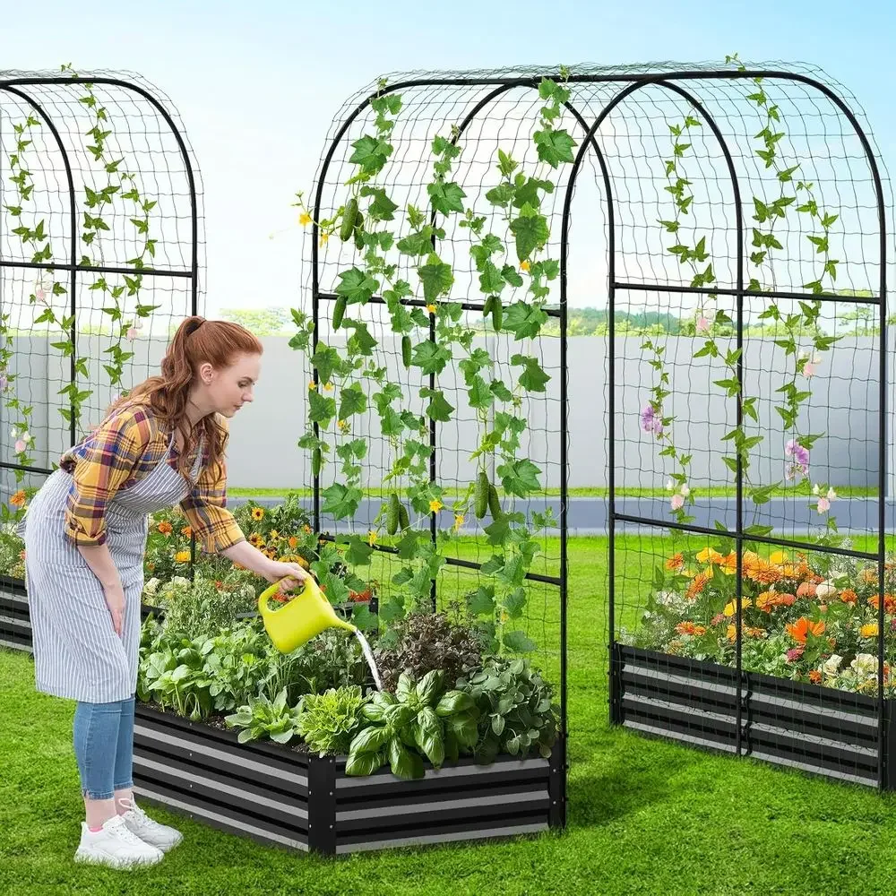 Galvanized Arch Trellis Garden Bed with 87 H Arch, Raised Outdoor Planter Box for Climbing Plants, Black