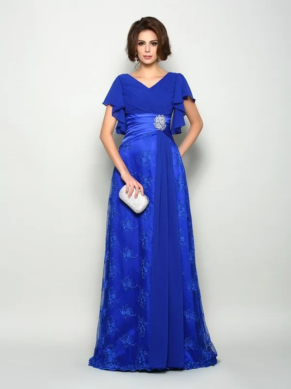 Royal Blue Mother Of The Bride Dresses A-line V-neck Chiffon Appliques Plus Size Long Groom Mother Dresses For Wedding