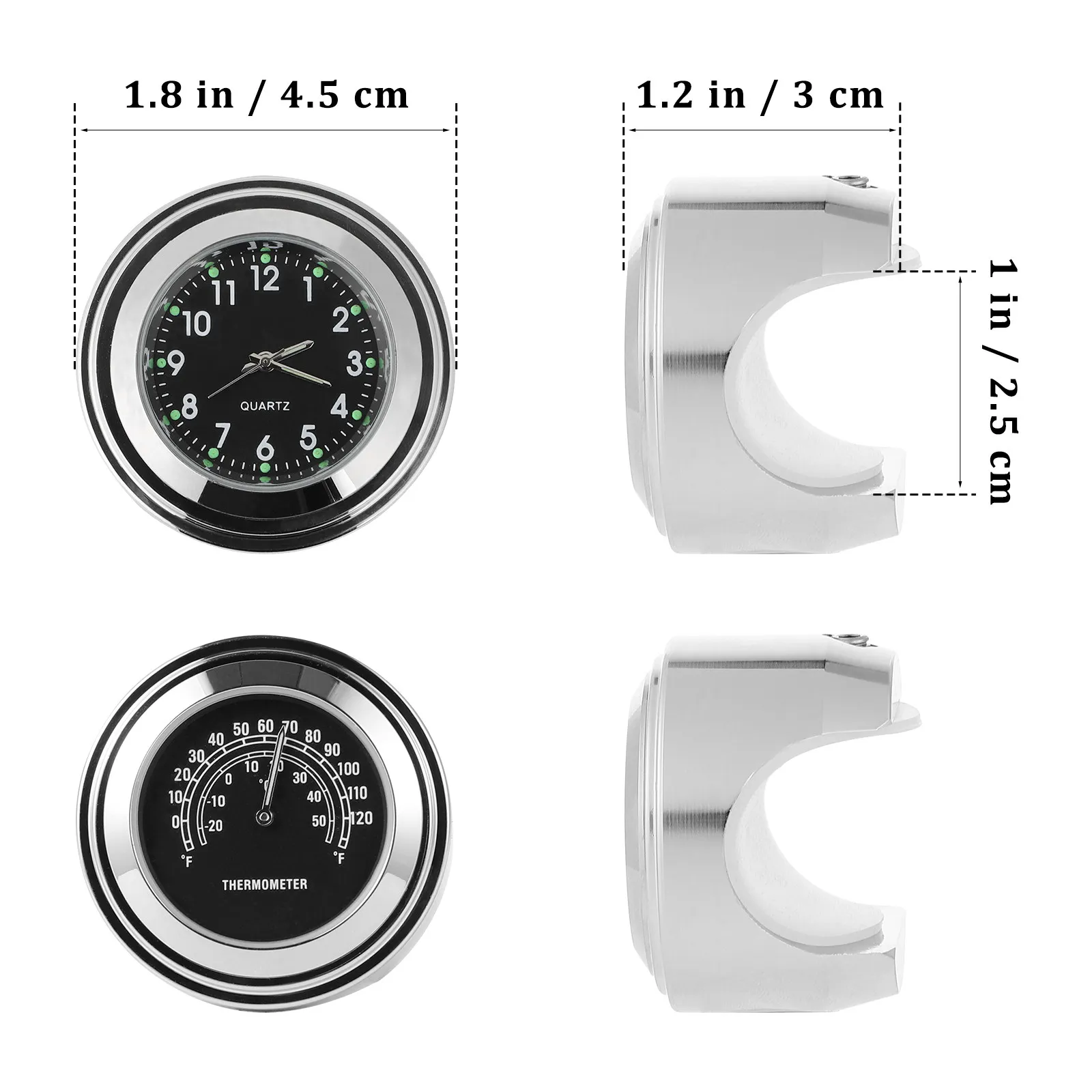 2Pcs Motorcycle Clock Thermometer Set Aluminum Alloy Waterproof Corrosion Resistant Dial Fits 22-25Mm Handlebar