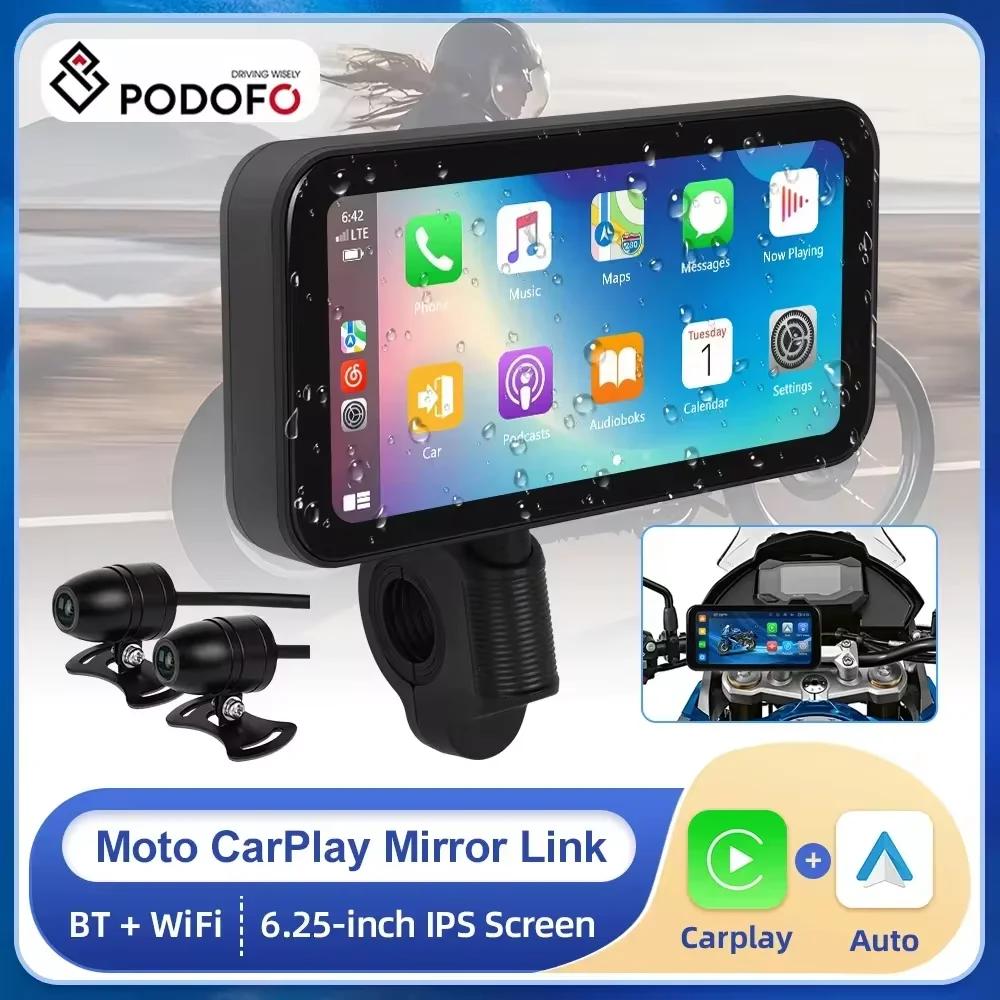 Podofo 6.25inch Motorcycle Carplay MP5 Portable Smart Player Wireless Carplay Android auto with Front&Back Camera Motorcycle DVR