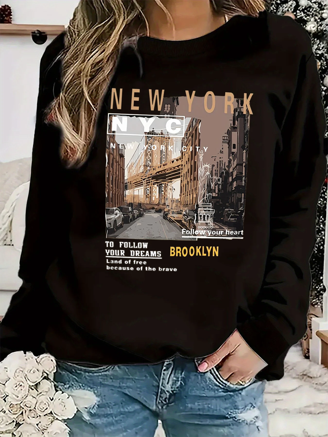 Pullover da donna autunno e inverno casual ampio, confortevole, caldo, con motivo New York City stampato, girocollo, maniche lunghe