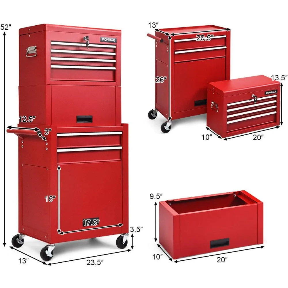 ユニバーサルロック式3-in-1ローリング6段ツールチェスト（取り外し可能な上部キャビネット付き、収納・整理用）