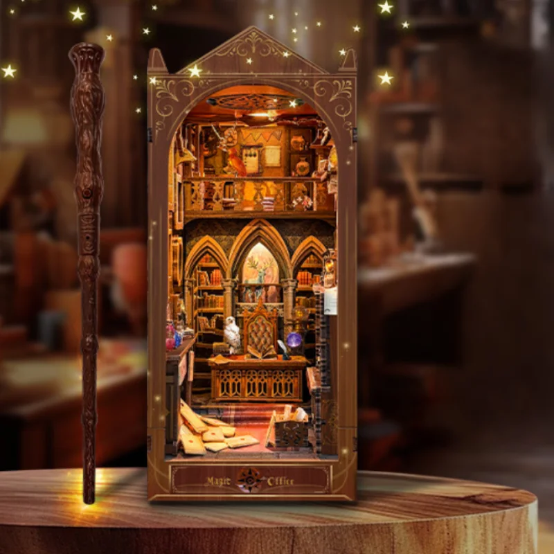 

OUZEY Wizard Office Booknook Kit, Retro Magic Study Wooden Model, Mysterious 3D Bookshelf Decor with LED Lights