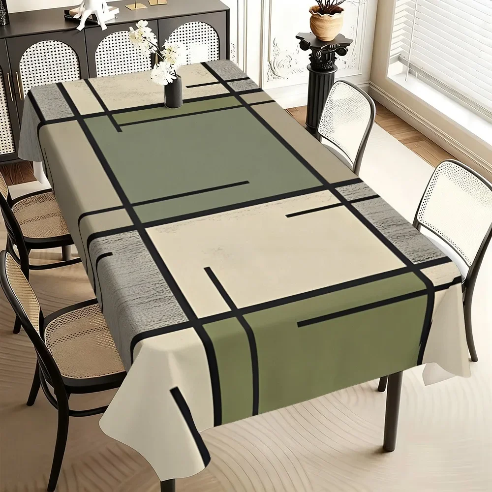 1 pc rectangular tablecloth/cover,  2D printed on a flat surface, featuring modern minimalist geometric line patterns, yzb
