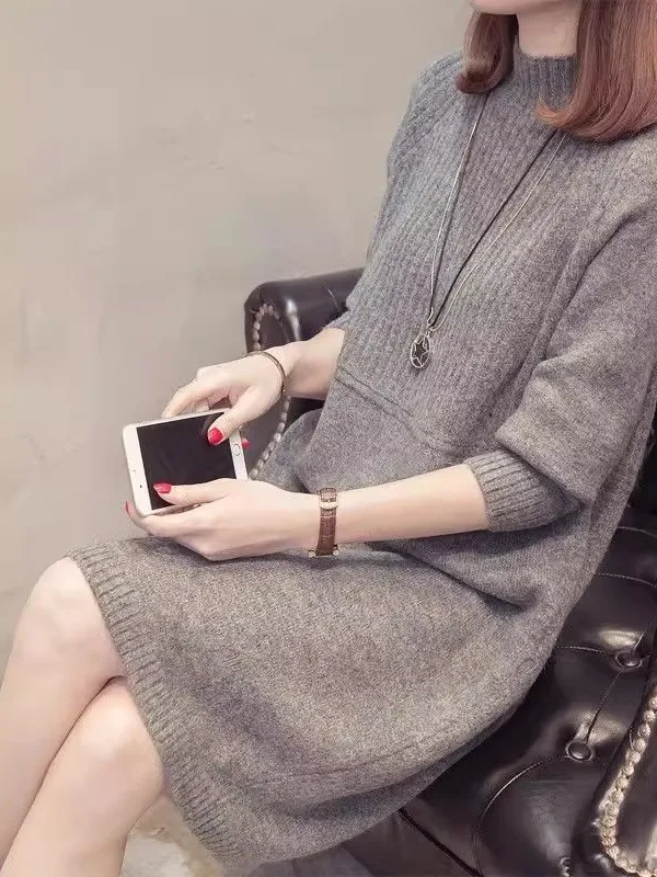 

Women's Fce Lined Knitted f High Ne Sweater mid Length Loose Pure Color Overhead Knitted Base irt Autumn Winter New...