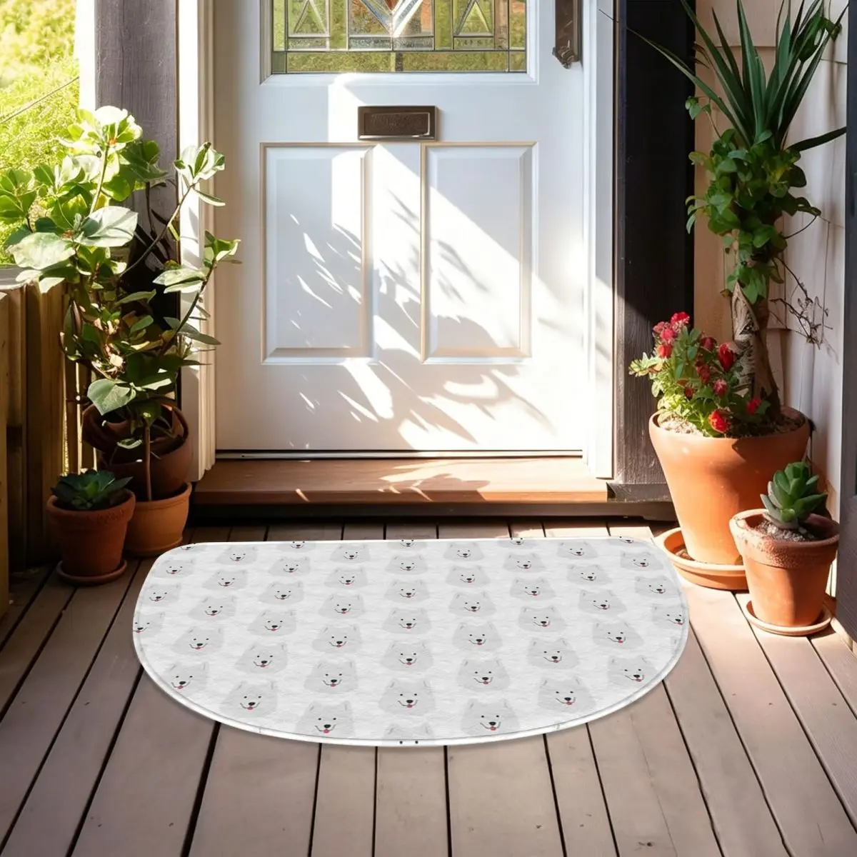 Samoyed With Tounge Out MLEM Flannel Half Round Doormat Non Slip Bathroom Mat Absorbent Floor Carpet for Laundry Room Bathroom