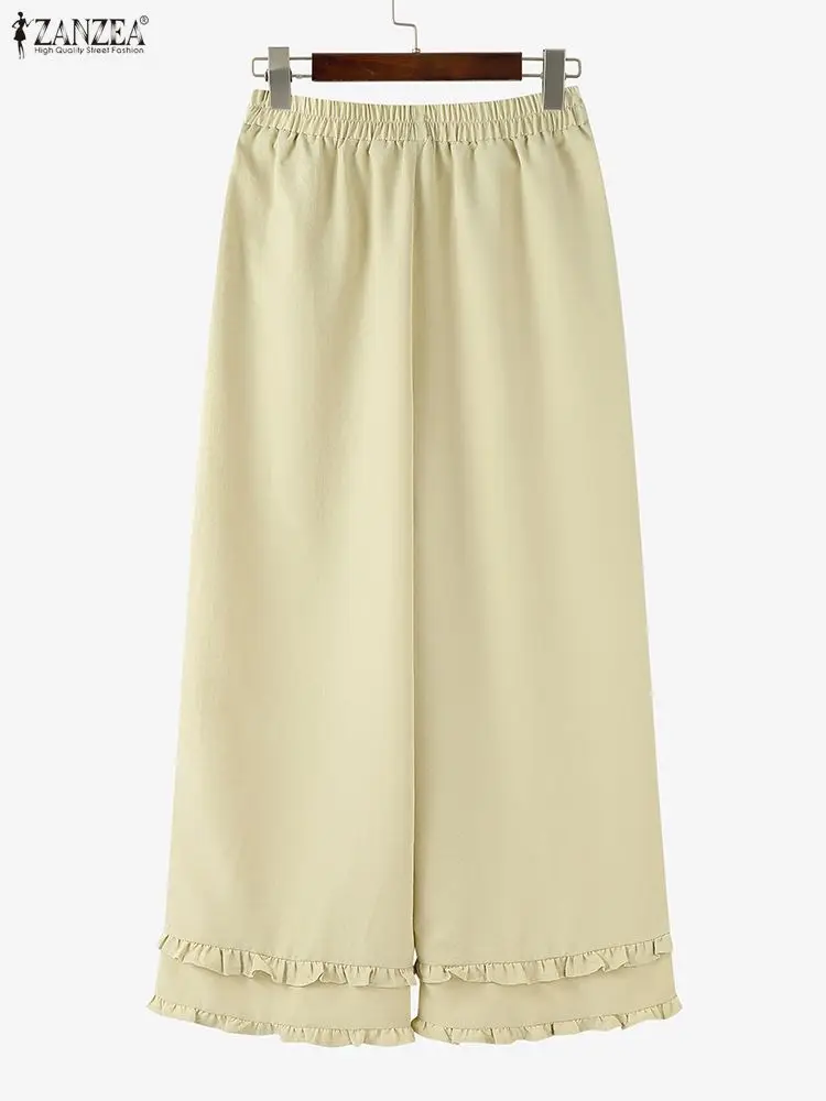 ZANZEA moda pantalones de cintura elástica pantalones largos de mujer 2025 otoño con volantes Casual sólido pantalones de pierna ancha ropa de calle pantalones de trabajo