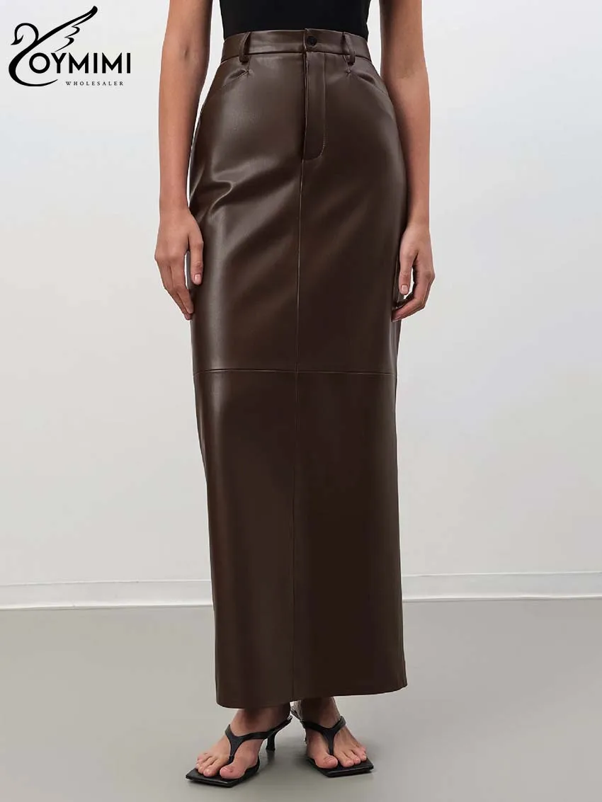 Oymimi Vintage Brown Pu Leather Skirts For Woman Elegant High Waisted Straight Skirts Casual Simple Ankle-Length Skirt Female