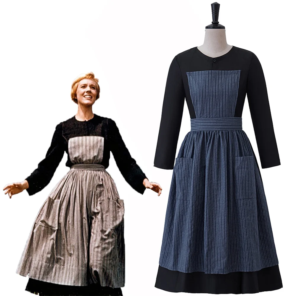 Movie The Sound of Music Maria Cosplay Costume Women Classic Black Striped Maid Dress Medieval Scottish Village Ball Gown