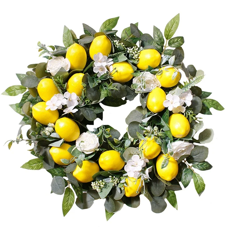 18 Inch Artificial Lemon Wreath With Yellow Lemon And Green Leaves,Fake Fruit Wreath For Home Wall And Front Door Decor