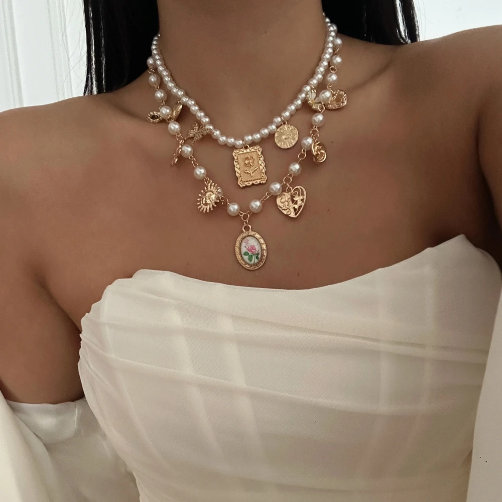 2026 القصر الفرنسي نمط الحب القلب فراشة زهرة عباد الشمس قلادة المرأة الرجعية تقليد اللؤلؤ المختنق قلادة مجوهرات #4