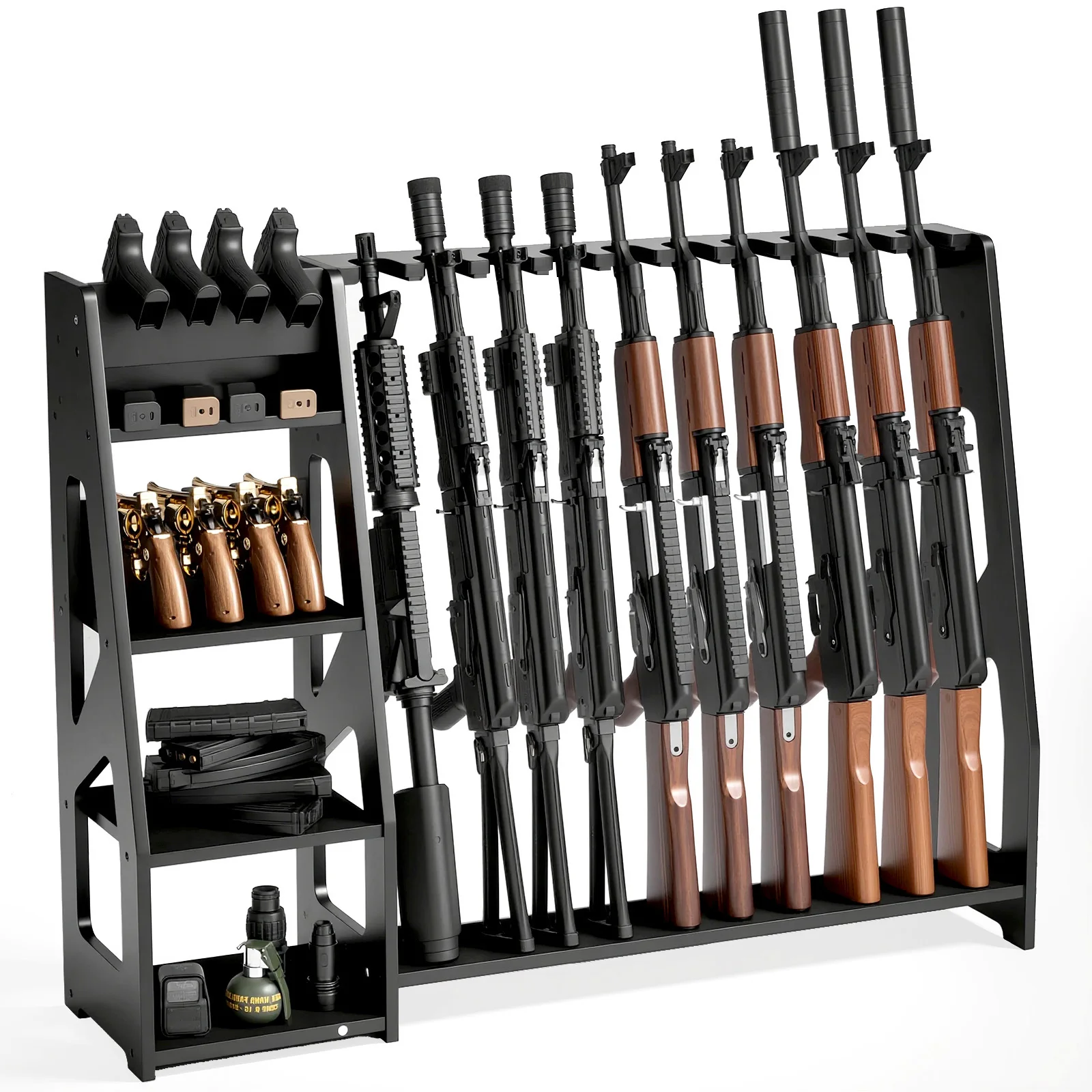 

BlackSmith Gun Racks w/ Felt Padded Adjustable Floor Standing Shotgun Rack Wooden Vertical Rack for 10 Long Guns & 8 Handguns