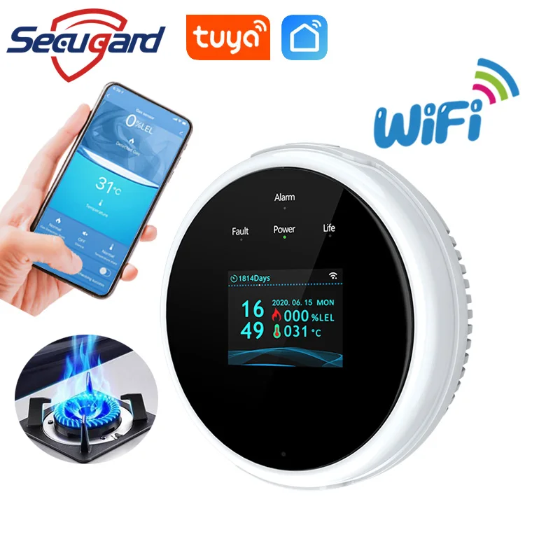 Detector de Gas con pantalla LCD para el hogar, Sensor inteligente de fugas de Gas Natural con WiFi, Tuya, Control por aplicación, alarma de