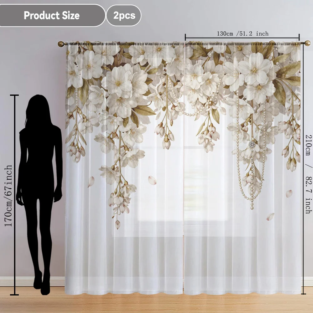 2PCS White Flower Golden Leaf Pearl Pattern Printed Curtain with Rod Bag Design, Suitable for Bedroom and Living Room
